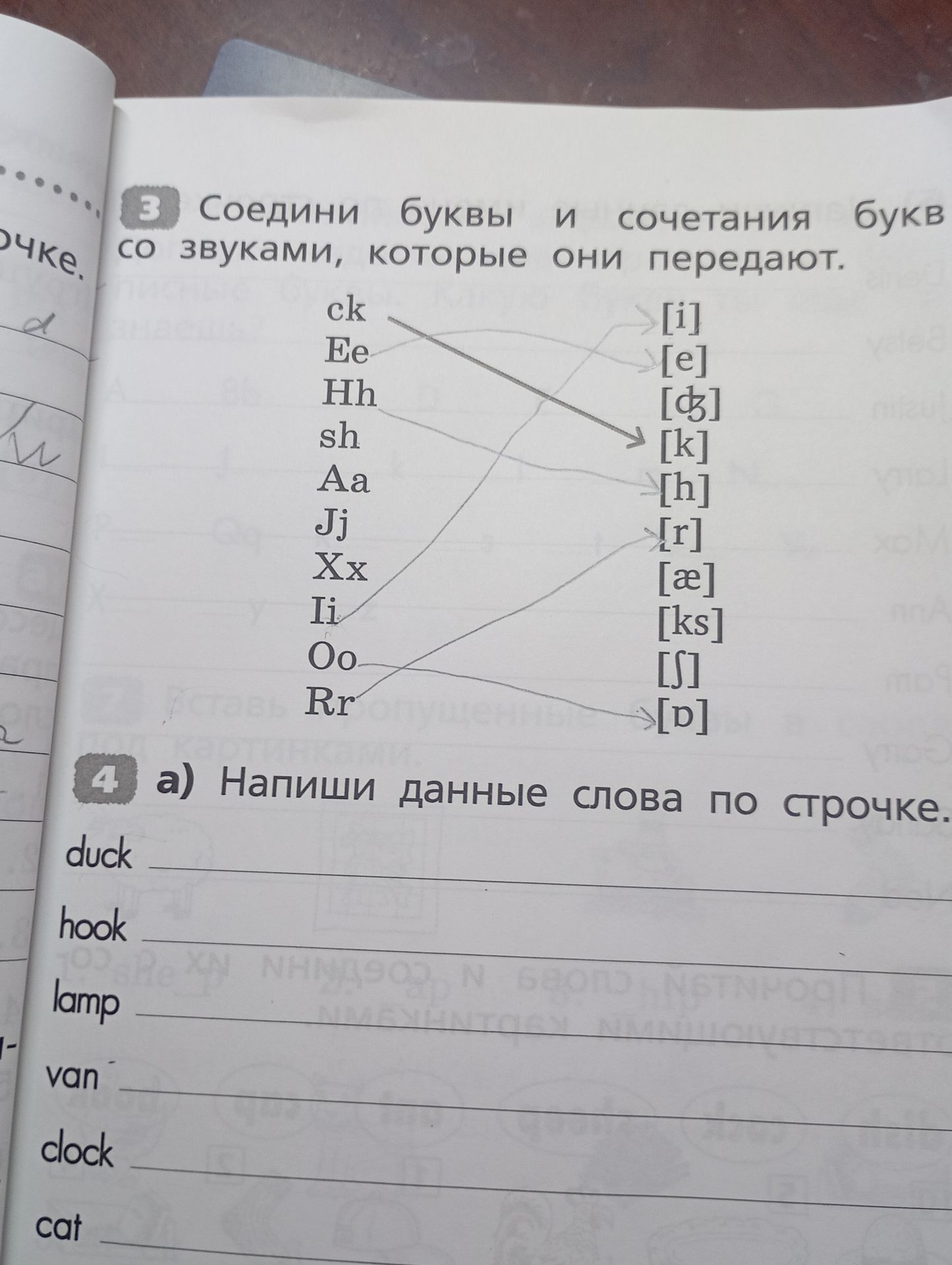 Фото задания: 3. Соедини буквы и сочетания букв со звуками, которые они передают: ck, Ee, Hh, sh, Aa, Jj, Xx, Ii, Oo, Rr; [i], [e], [ɒ],…