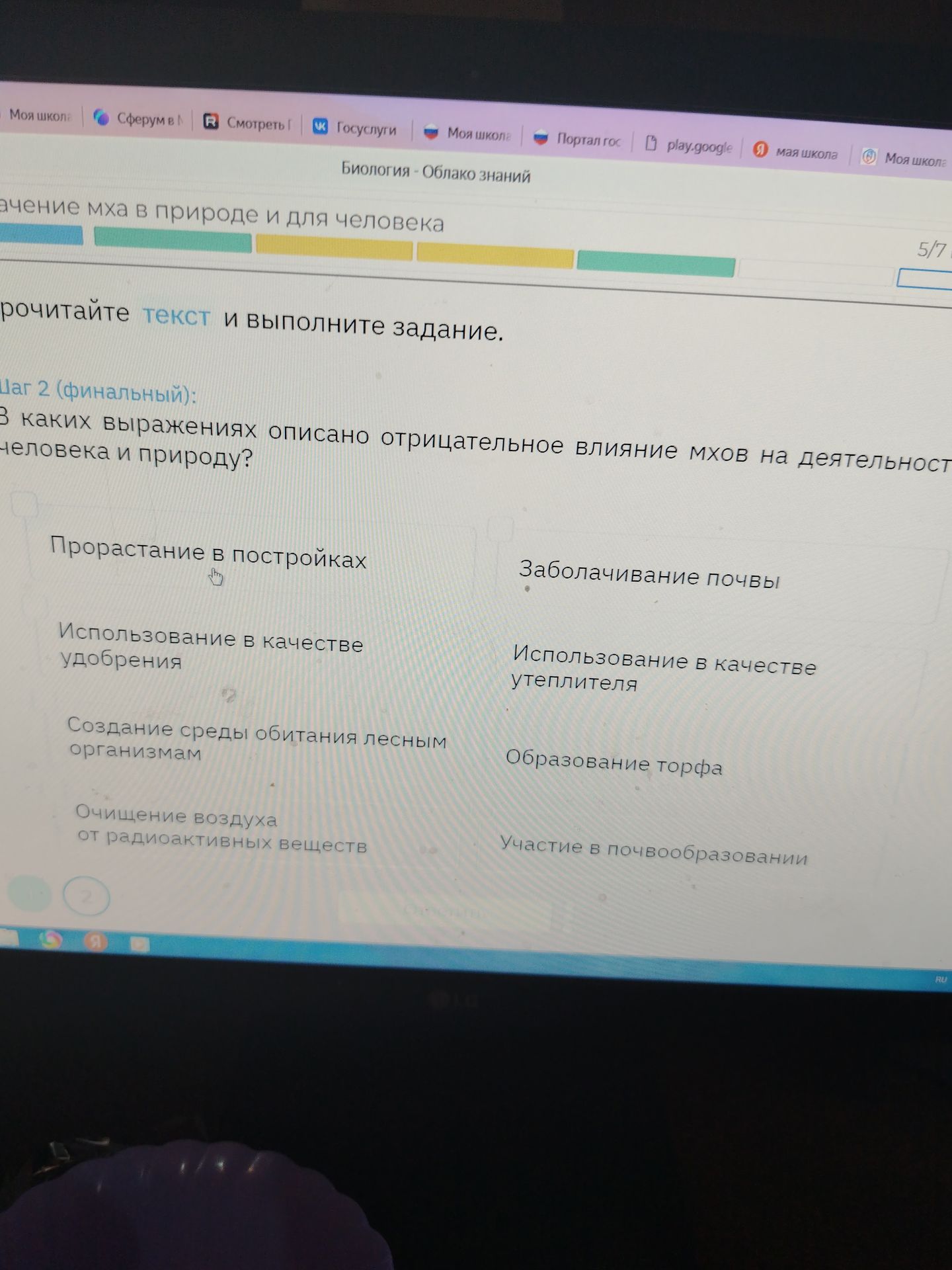 Фото задания: В каких выражениях описано отрицательное влияние мхов на деятельность человека и природу? Варианты: зарастание в…
