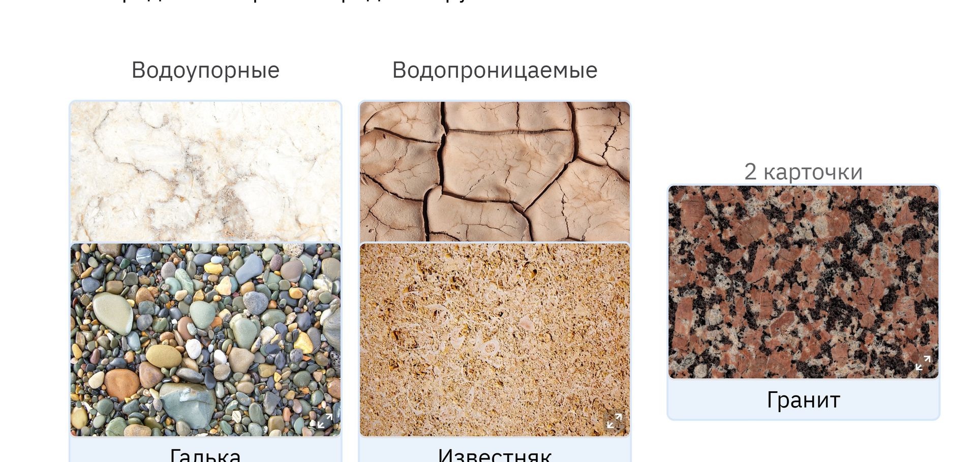 Фото задания: По видимой части изображения распределите горные породы по группам «Водоупорные» и «Водопроницаемые». Видны карточки…