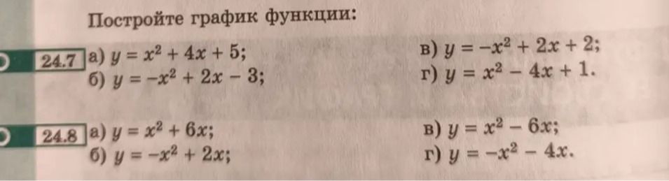 Фото задания: 24.7. Постройте график функции: а) y = x² + 4x + 5; б) y = −x² + 2x − 3; в) y = −x² + 2x + 2; г) y = x² − 4x + 1.
