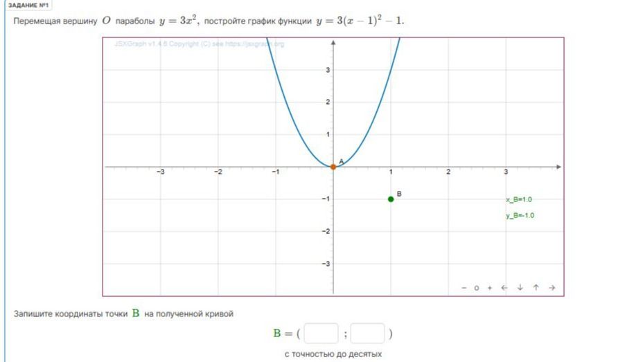 Фото задания: Задание № 1. Перемещая вершину O параболы y = 3x², постройте график функции y = 3(x − 1)² − 1. Запишите координаты точки B на…