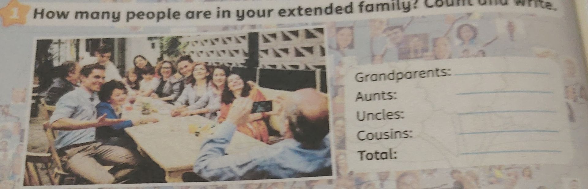 Фото задания: How many people are in your extended family? Count and write. Grandparents: ___; Aunts: ___; Uncles: ___; Cousins: ___;…