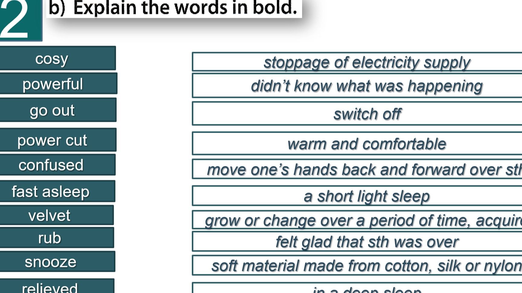 Фото задания: b) Explain the words in bold: cosy, powerful, go out, power cut, confused, fast asleep, velvet, rub, snooze, relieved.