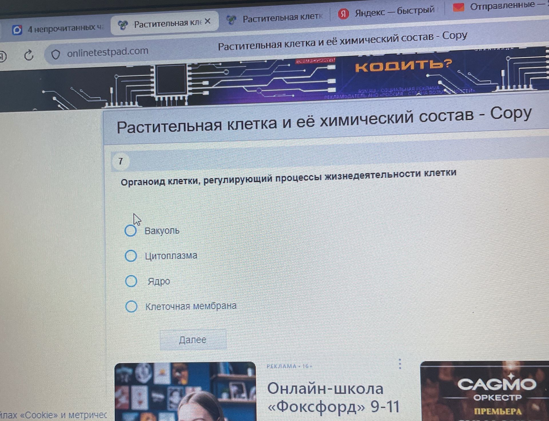 Фото задания: 7. Органоид клетки, регулирующий процессы жизнедеятельности клетки. Варианты: вакуоль, цитоплазма, ядро, клеточная мембрана.