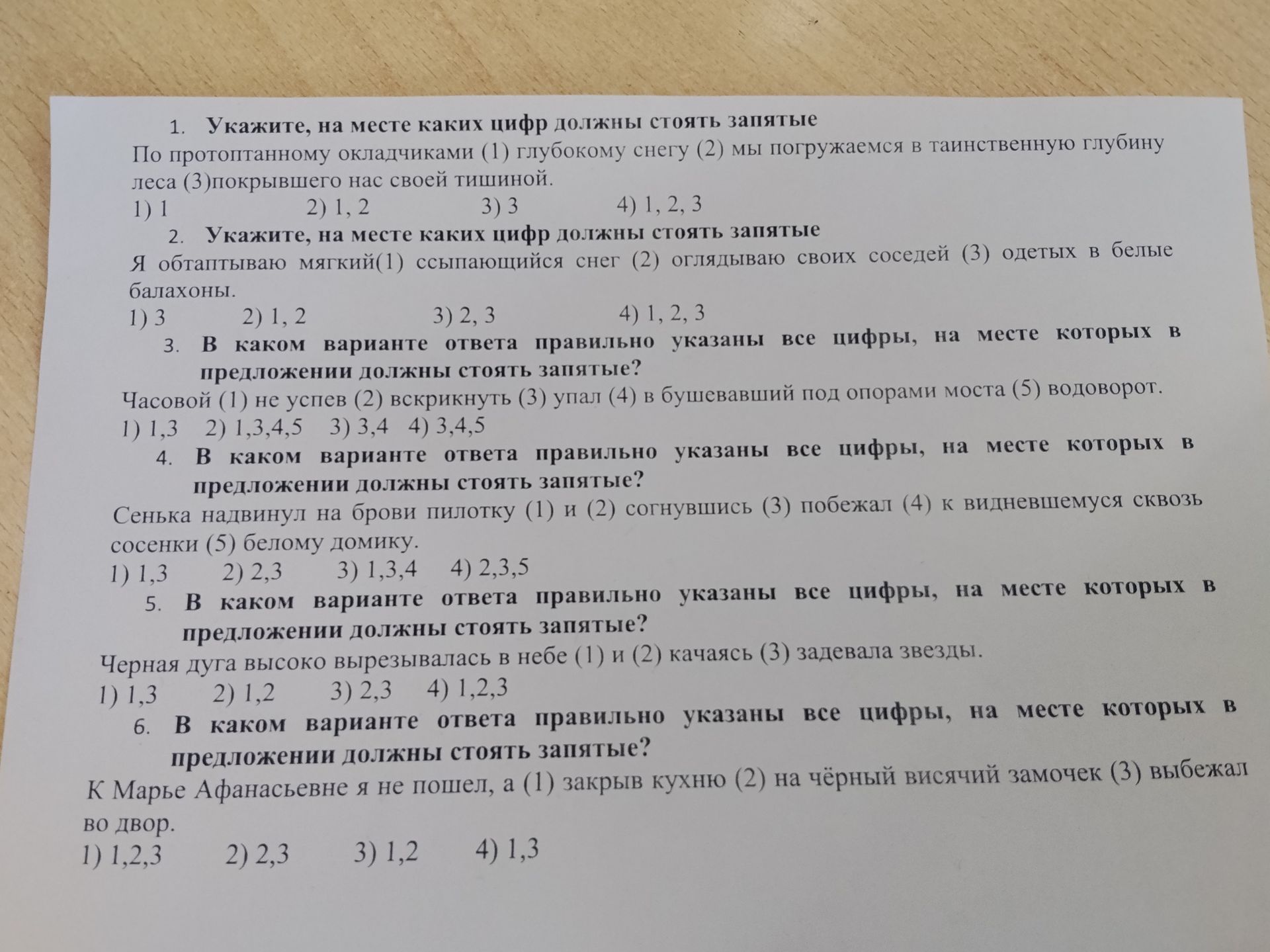Фото задания: 1. Укажите, на месте каких цифр должны стоять запятые. По протоптанному окладчиками (1) глубокому снегу (2) мы погружаемся…