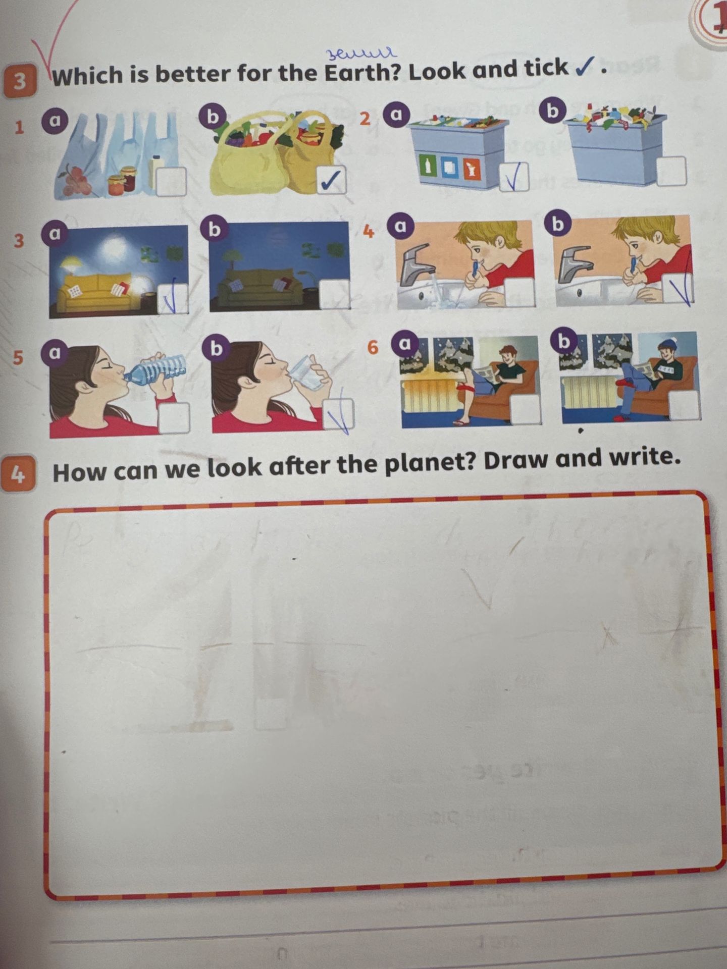 Фото задания: 4. How can we look after the planet? Draw and write.