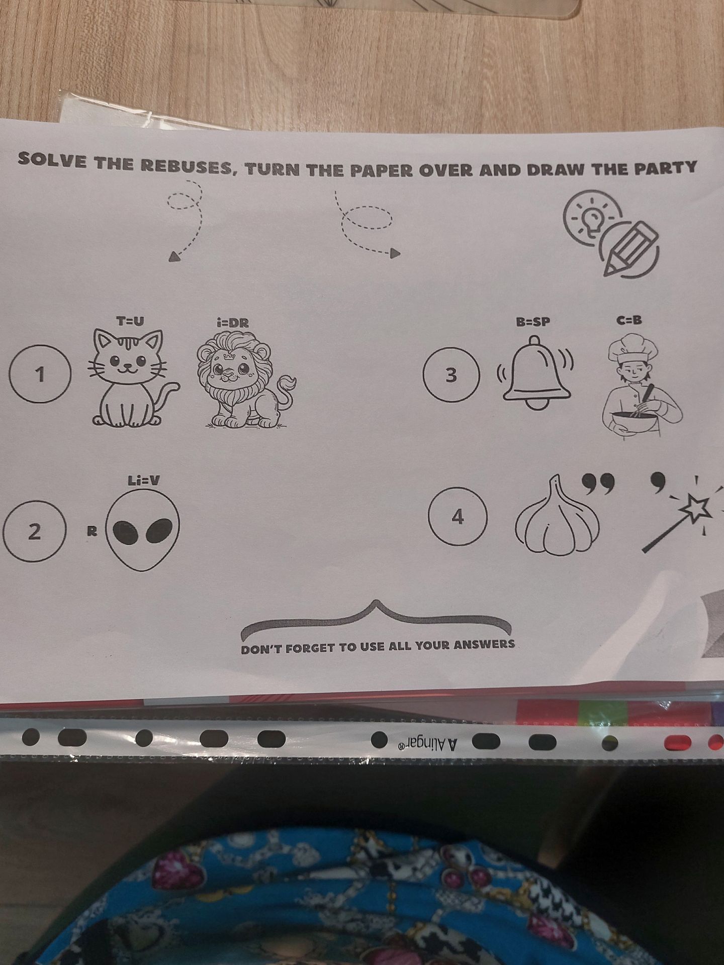 Фото задания: Solve the rebuses: 1) cat (T=U) + lion (i=DR); 2) R + alien (Li=V); 3) bell (B=SP) + chef; 4) garlic + magic wand. Use all…