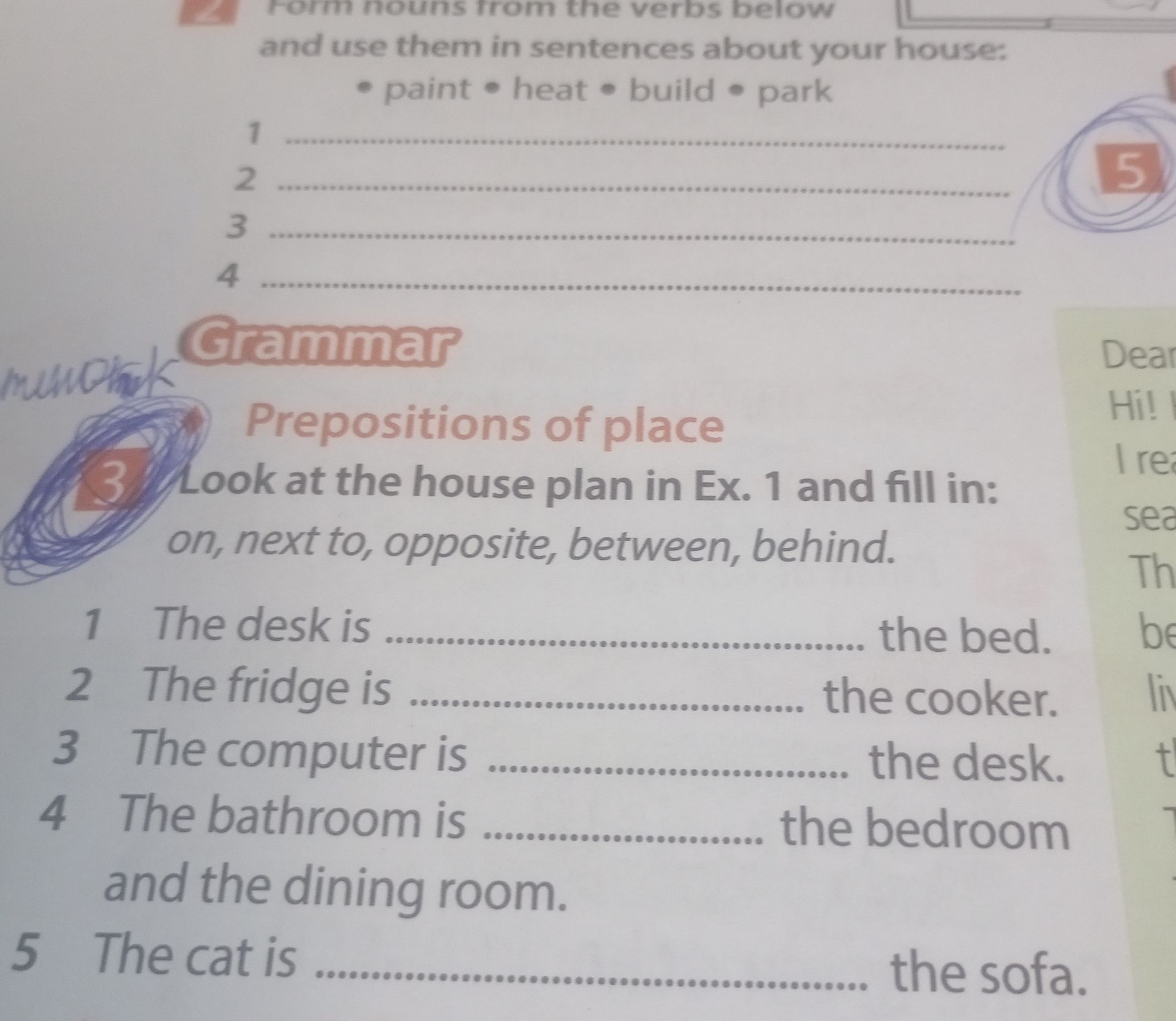 Фото задания: 5. Form nouns from the verbs below and use them in sentences about your house: paint, heat, build, park.