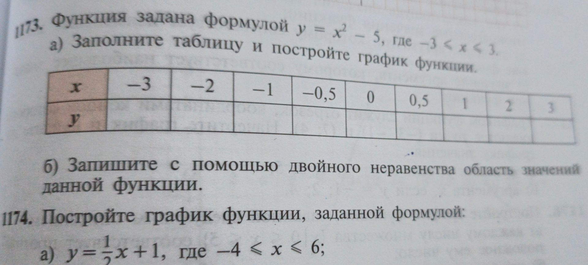 Фото задания: 174. Постройте график функции, заданной формулой: а) \(y=\frac{1}{2}x+1\), где \(-4\le x\le6\).