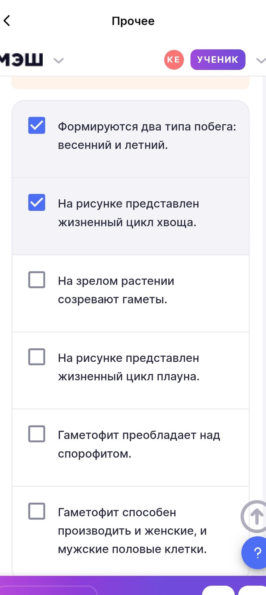 Фото задания: Выберите верные утверждения о жизненном цикле хвоща: формируются два типа побега — весенний и летний; на рисунке…