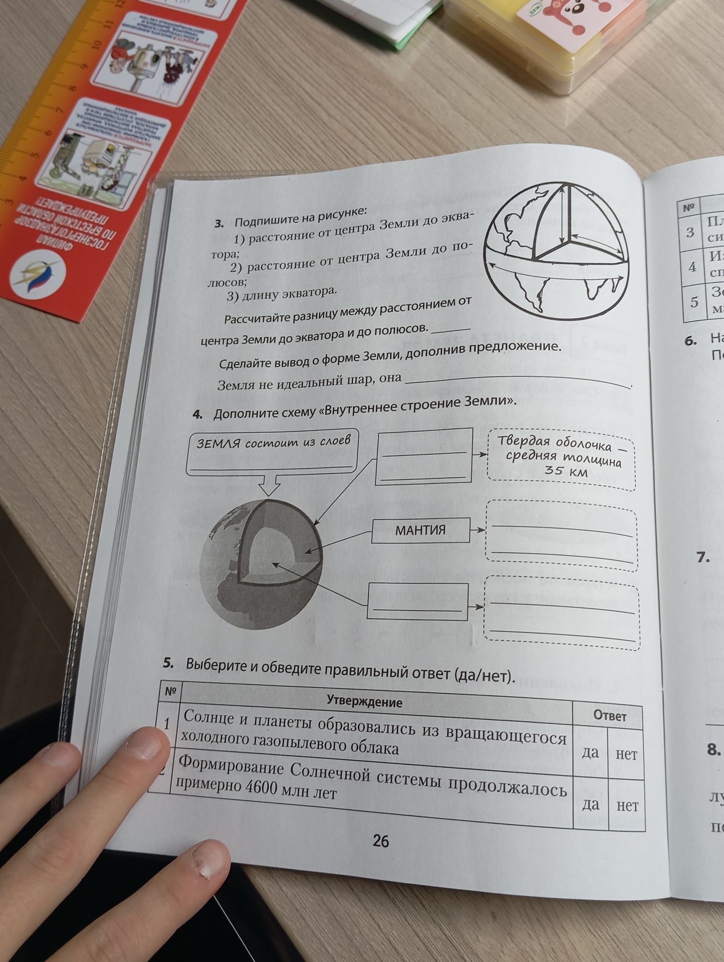 Фото задания: 5. Выберите и обведите правильный ответ (да/нет): 1) Солнце и планеты образовались из вращающегося холодного газопылевого…