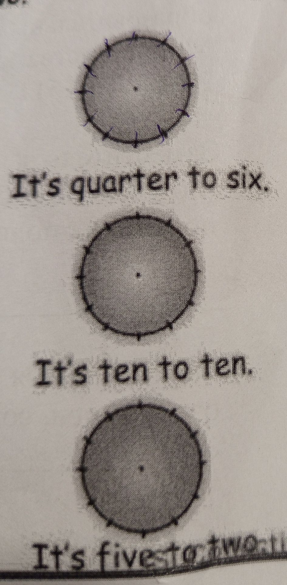 Фото задания: Часы: It’s quarter to six. It’s ten to ten. It’s five to twelve.