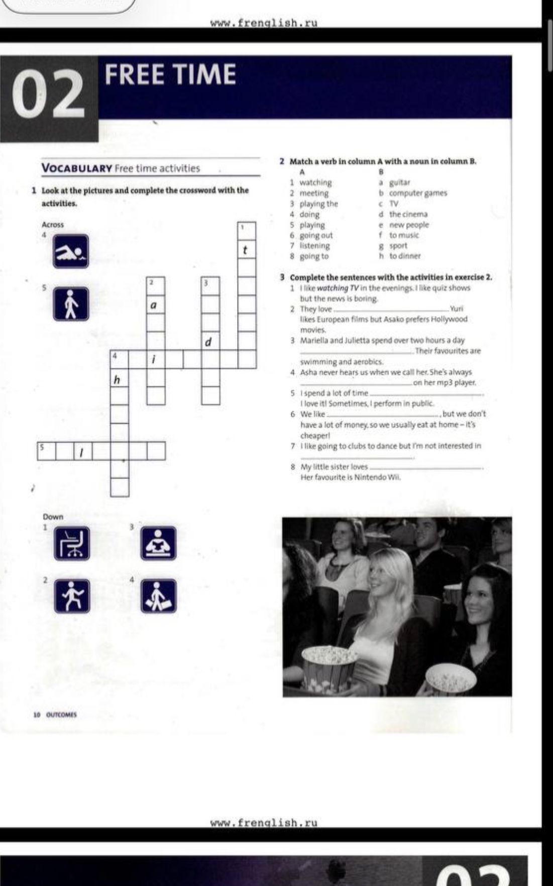Фото задания: 1. Look at the pictures and complete the crossword with the activities.