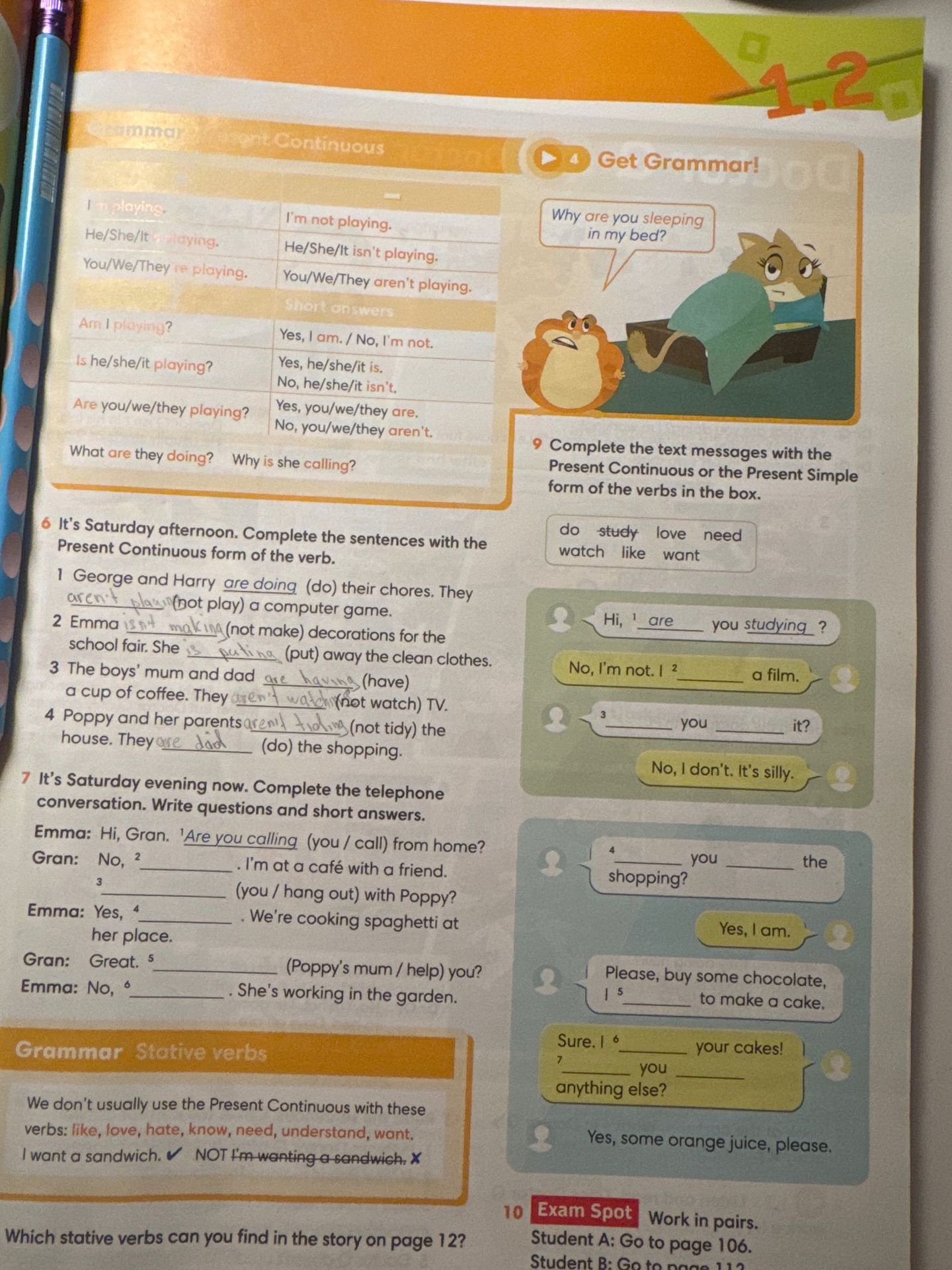 Фото задания: Which stative verbs can you find in the story on page 12?