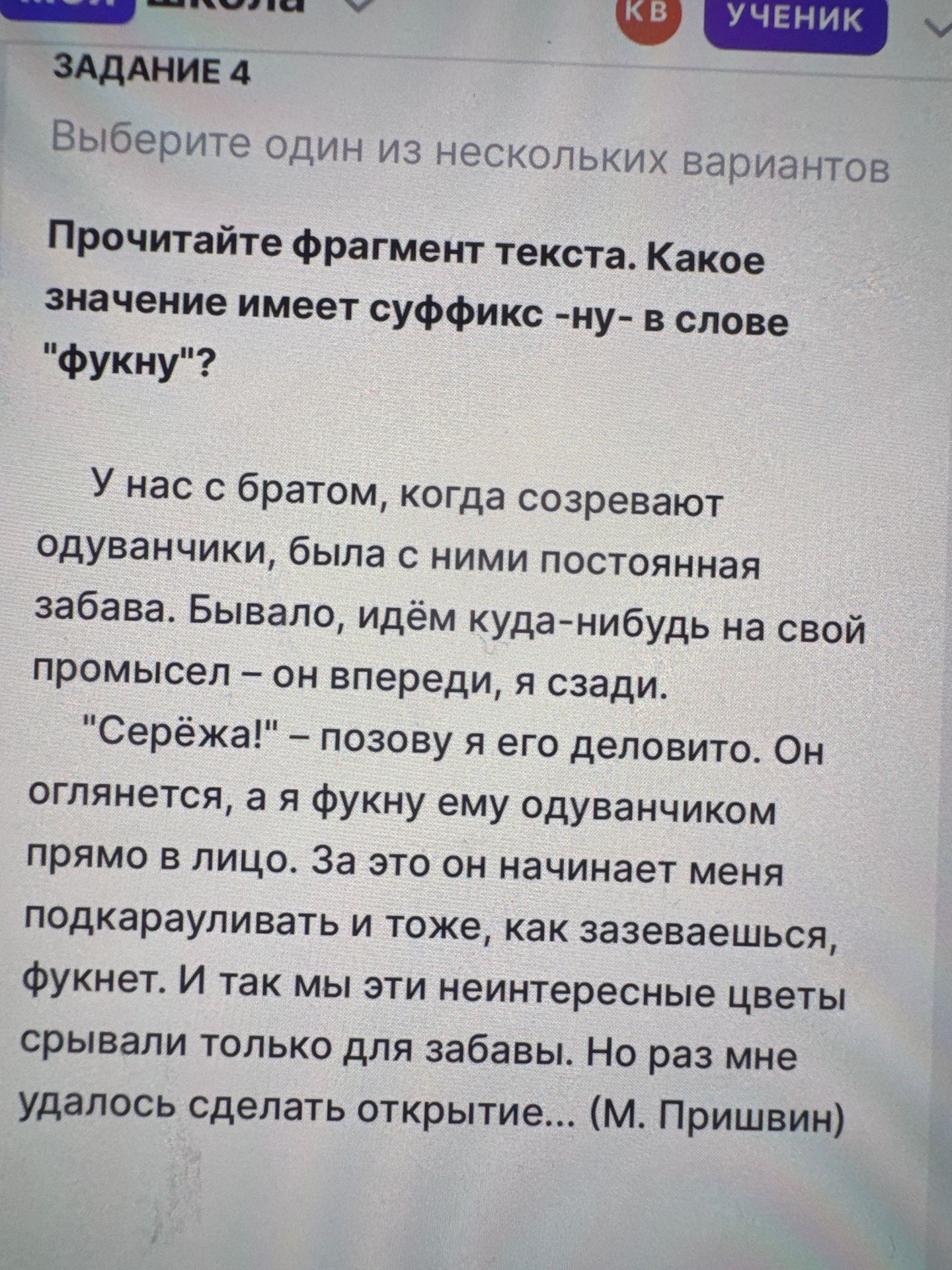 Фото задания: Задание 4. Прочитайте фрагмент текста. Какое значение имеет суффикс -ну- в слове «фукну»?
