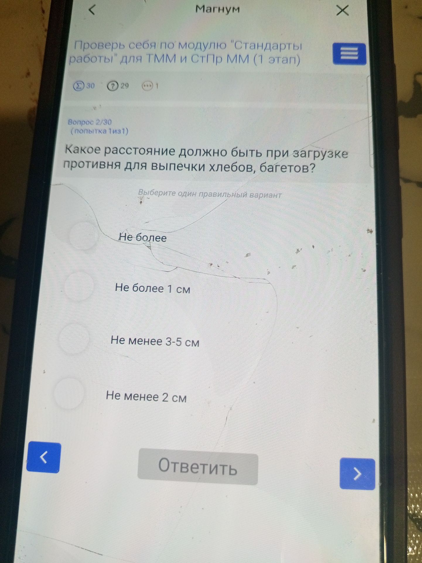 Фото задания: Какое расстояние должно быть при загрузке противня для выпечки хлебов, багетов? Варианты: «Не более…»; «Не более 1 см»; «Не…