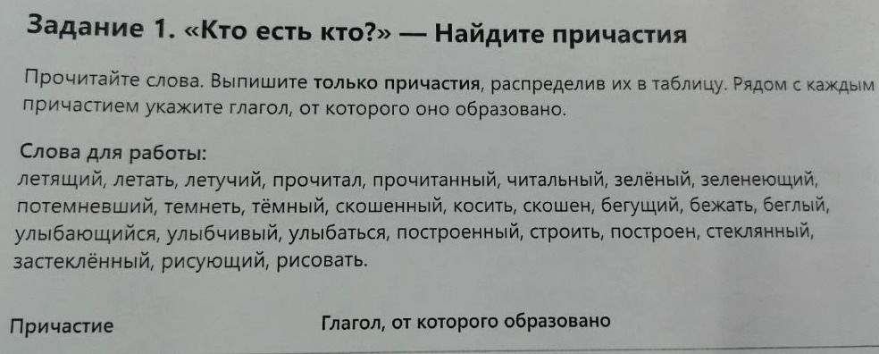 Фото задания: Задание 1. «Кто есть кто?» — Найдите причастия. Прочитайте слова. Выпишите только причастия, распределив их в таблицу.…