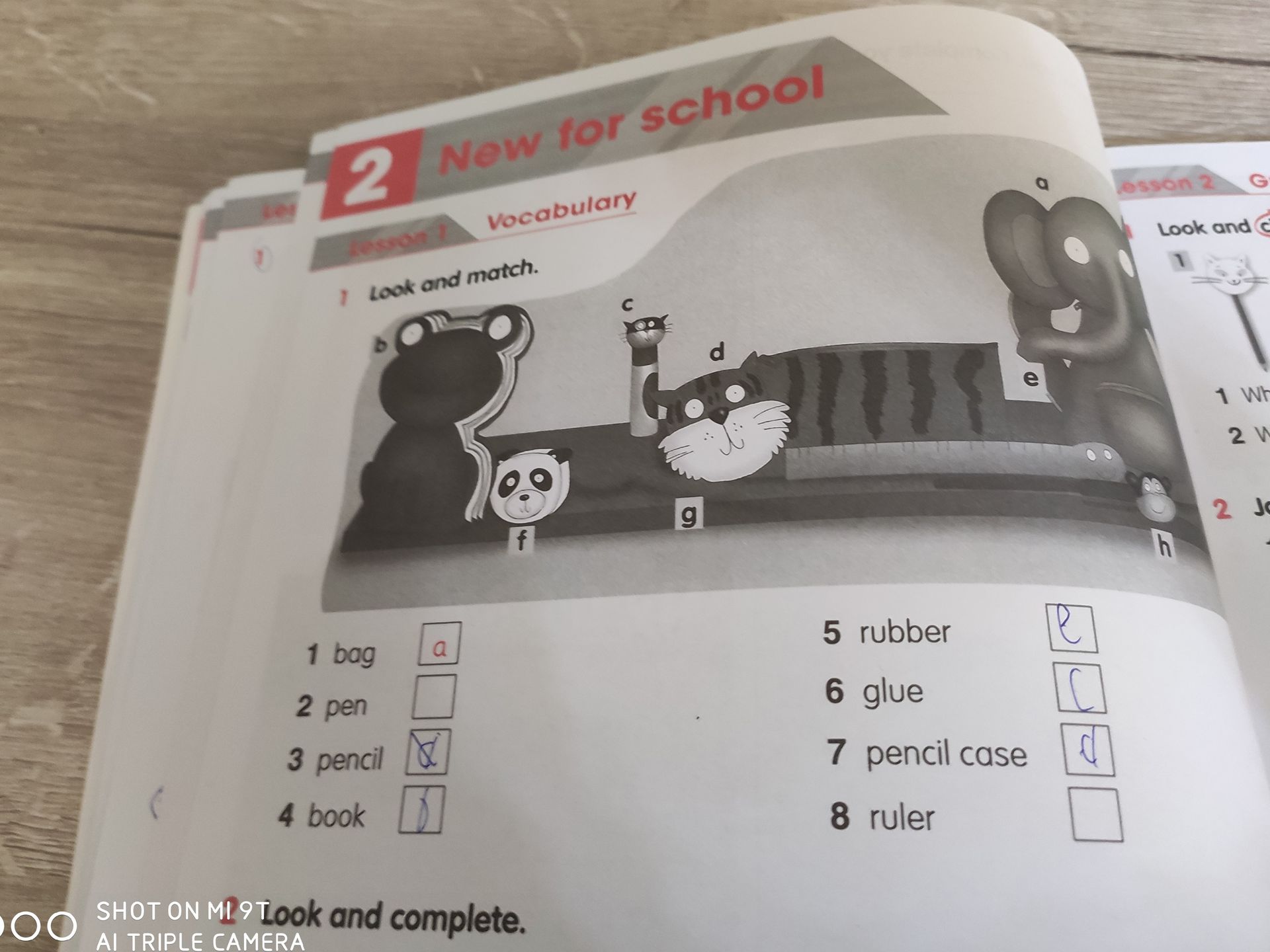 Фото задания: 1. Look and match. 1 bag; 2 pen; 3 pencil; 4 book; 5 rubber; 6 glue; 7 pencil case; 8 ruler. Match the words to the…