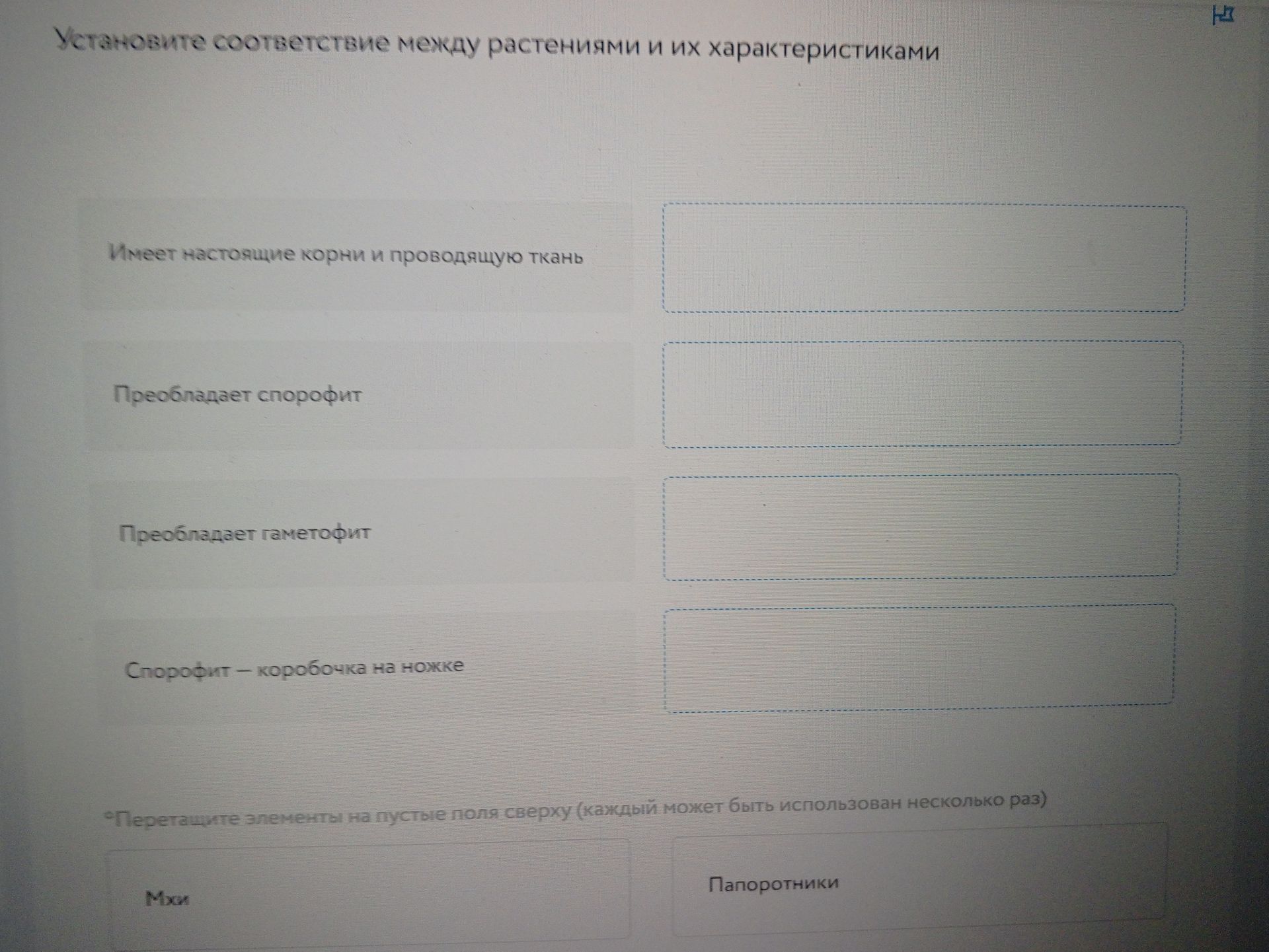 Фото задания: Установите соответствие между растениями и их характеристиками: имеет настоящие корни и проводящую ткань; преобладает…