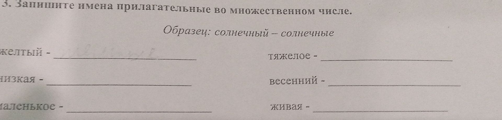 Фото задания: 3. Запишите имена прилагательные во множественном числе. Образец: солнечный — солнечные. жёлтый —; низкая —; маленькое —;…