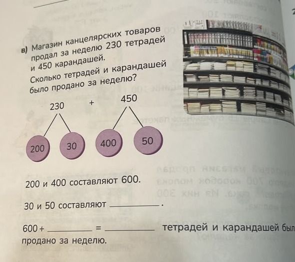 Фото задания: в) Магазин канцелярских товаров продал за неделю 230 тетрадей и 450 карандашей. Сколько тетрадей и карандашей было продано за…