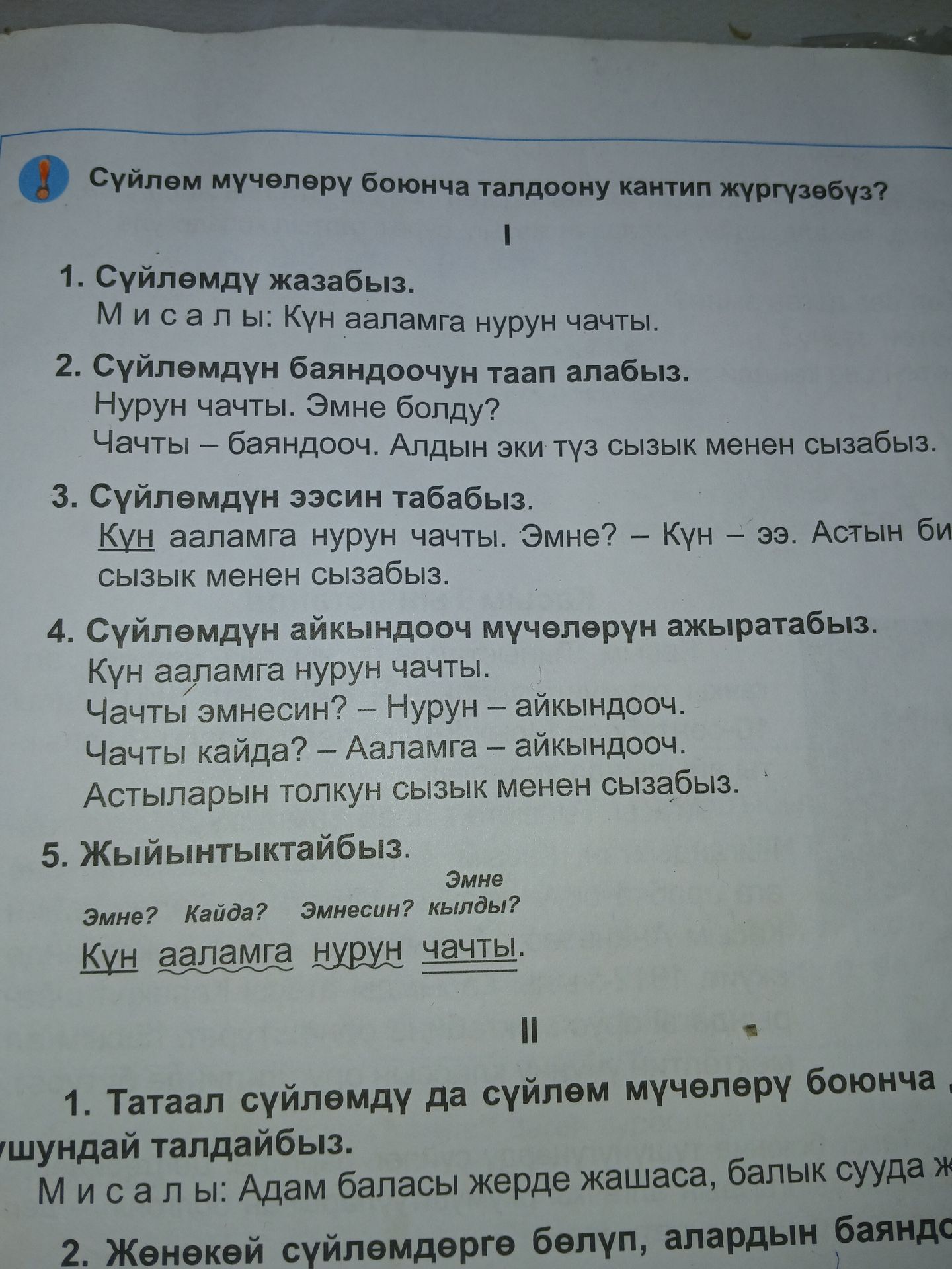 Фото задания: 1. Сүйлөмдү жазабыз. Мисалы: Күн ааламга нурun чачты.