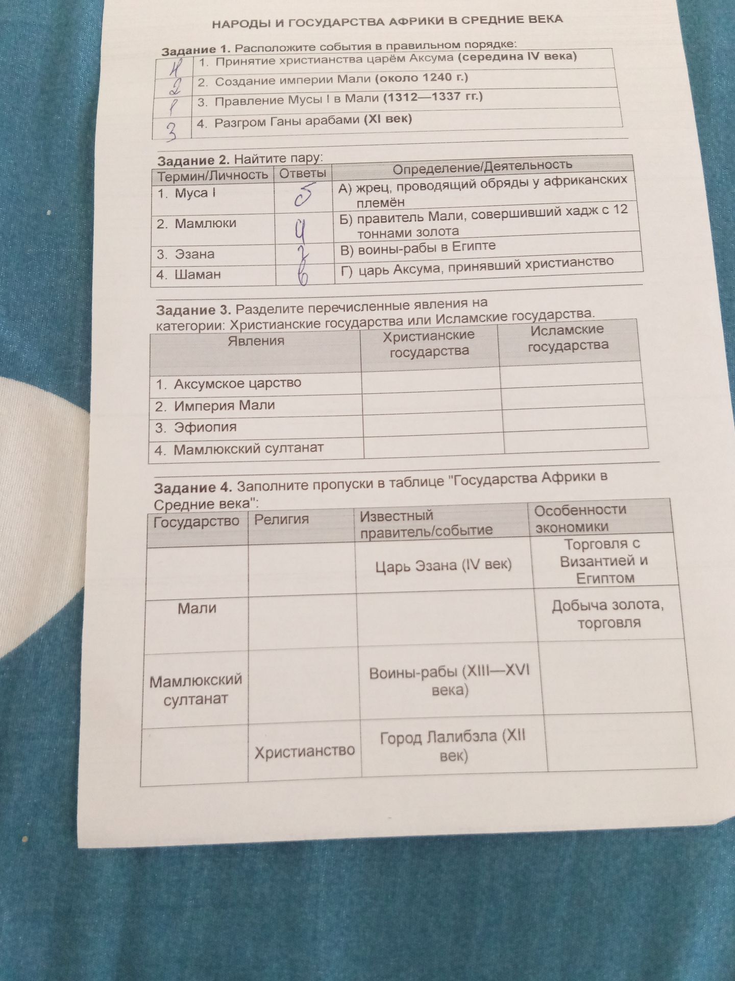 Фото задания: Задание 2. Найдите пару: 1. Муса I; 2. Мамлюки; 3. Эзана; 4. Шаман. А) жрец, проводящий обряды у африканских племён; Б)…