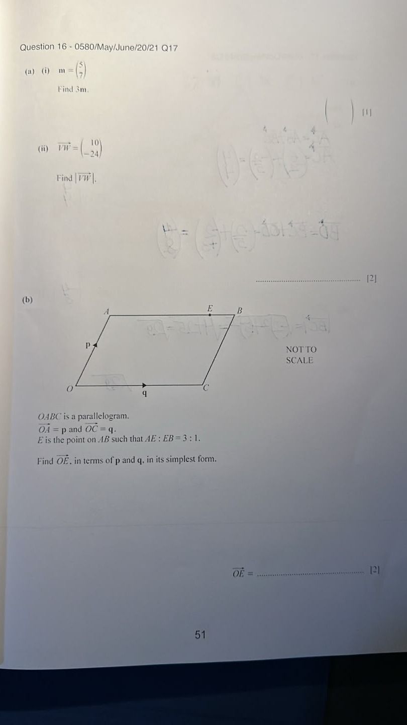 Фото задания: Question 16. (a) (i) \(\mathbf m=\begin{pmatrix}5\\7\end{pmatrix}\). Find \(3\mathbf m\). (ii)…