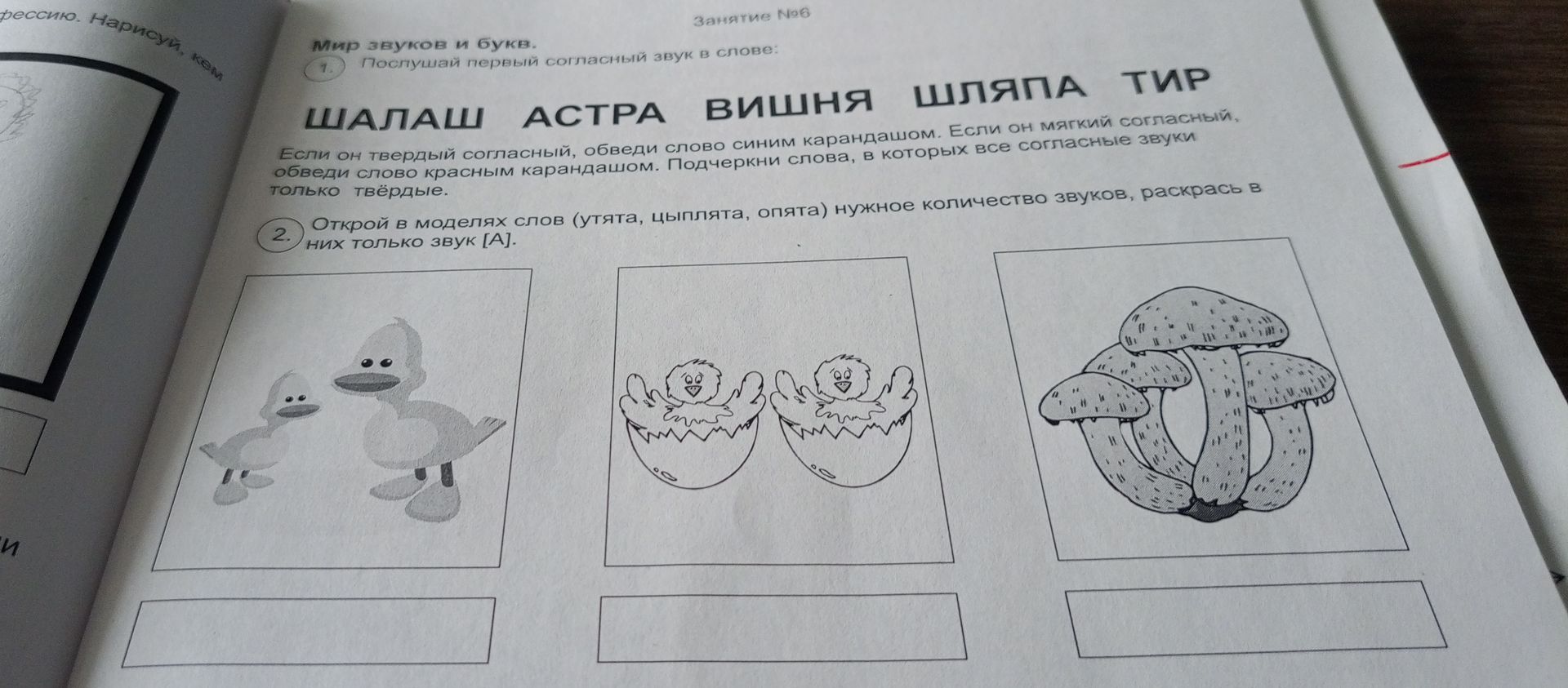 Фото задания: 2. Открой в моделях слов (утята, цыплята, опята) нужное количество звуков, раскрась в них только звук [А].