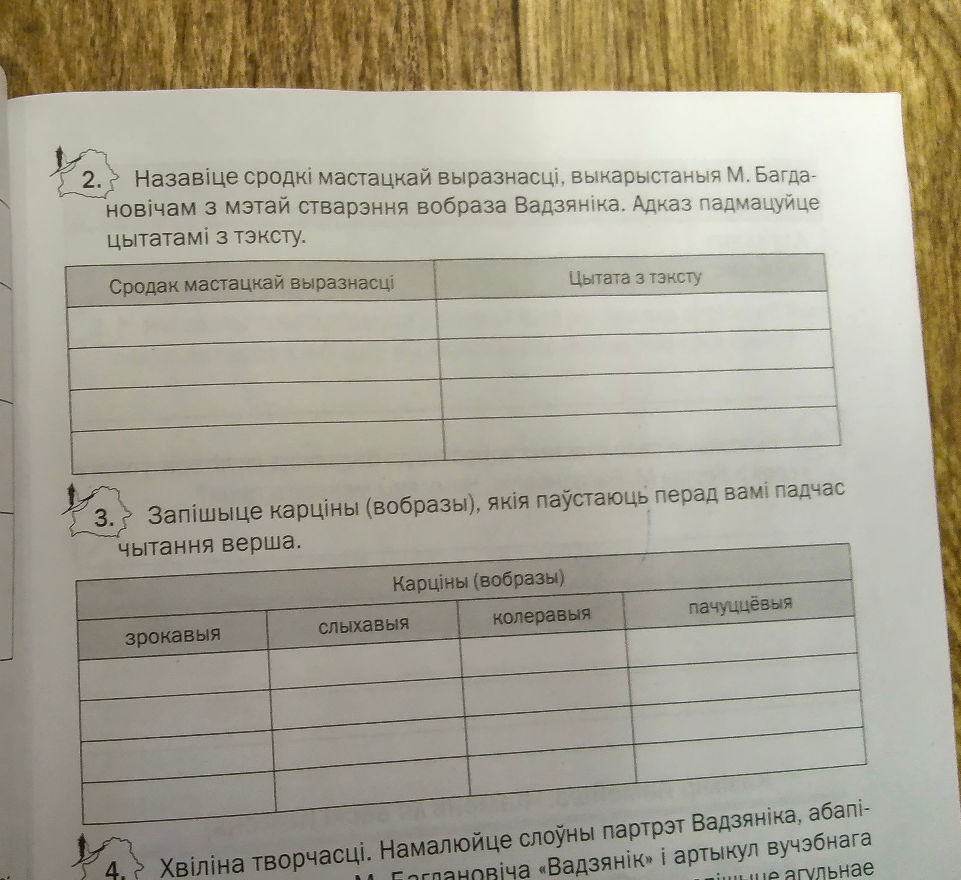 Фото задания: 3. Запішыце карціны (вобразы), якія паўстаюць перад вамі падчас чытання верша. Катэгорыі: зрокавыя, слыхавыя, колеравыя,…