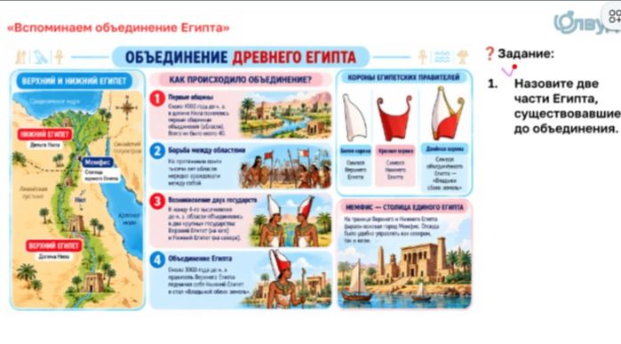 Фото задания: 1. Назовите две части Египта, существовавшие до объединения.