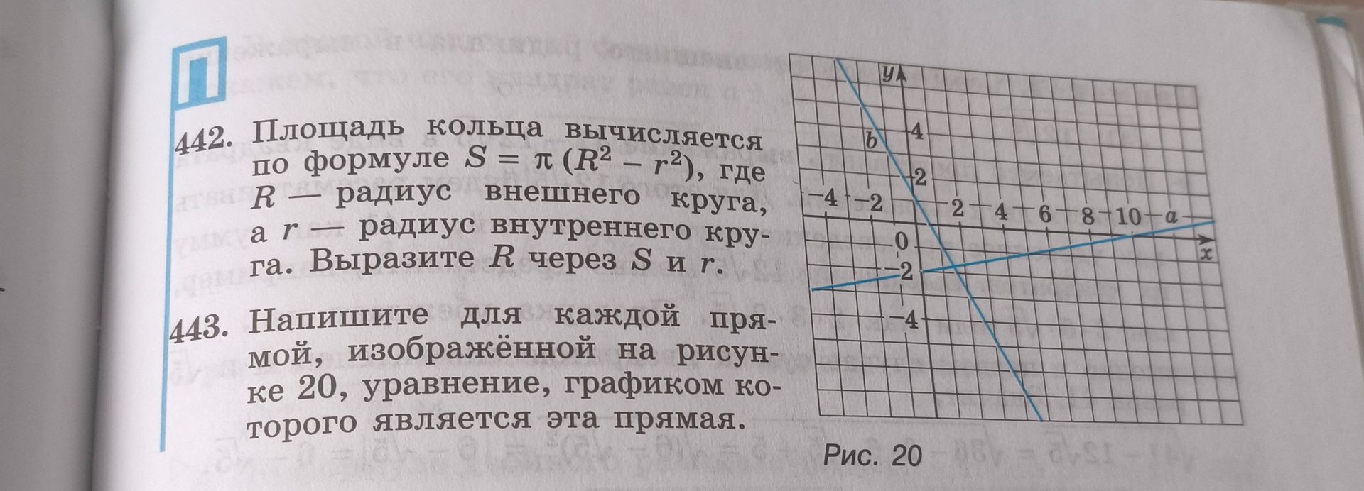 Фото задания: 443. Напишите для каждой прямой, изображённой на рисунке 20, уравнение, графиком которого является эта прямая.