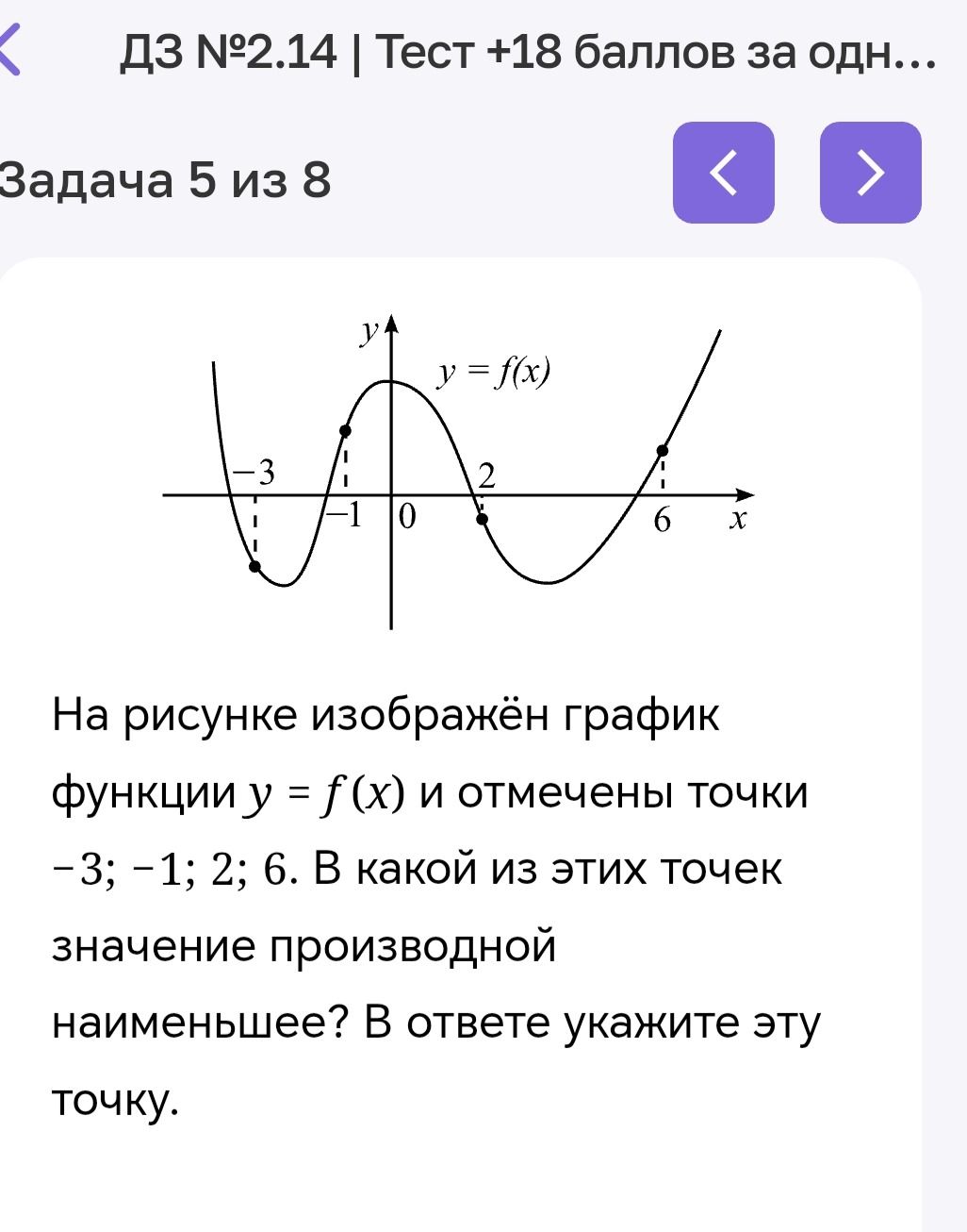 Фото задания: На рисунке изображён график функции \(y=f(x)\) и отмечены точки −3; −1; 2; 6. В какой из этих точек значение производной…