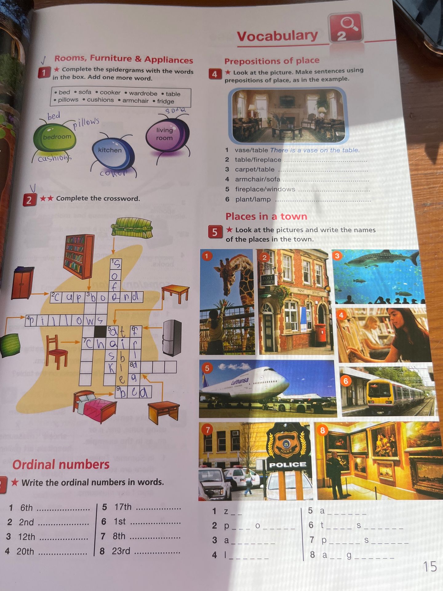 Фото задания: 5. Look at the pictures and write the names of the places in the town. 1 z__ 2 p___ o_____ 3 a________ 4 l_______ 5…