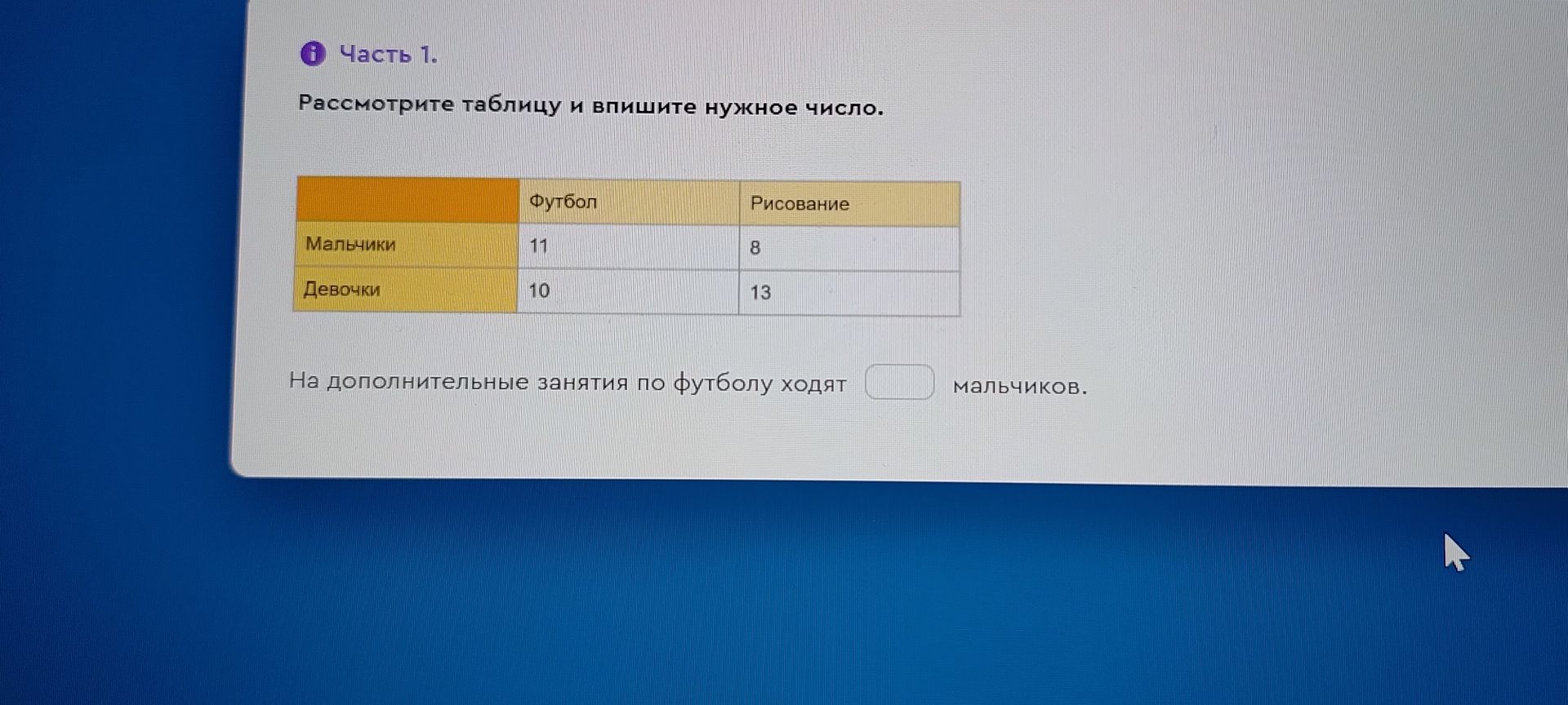 Фото задания: Часть 1. Рассмотрите таблицу и впишите нужное число. На дополнительные занятия по футболу ходят [ ] мальчиков.