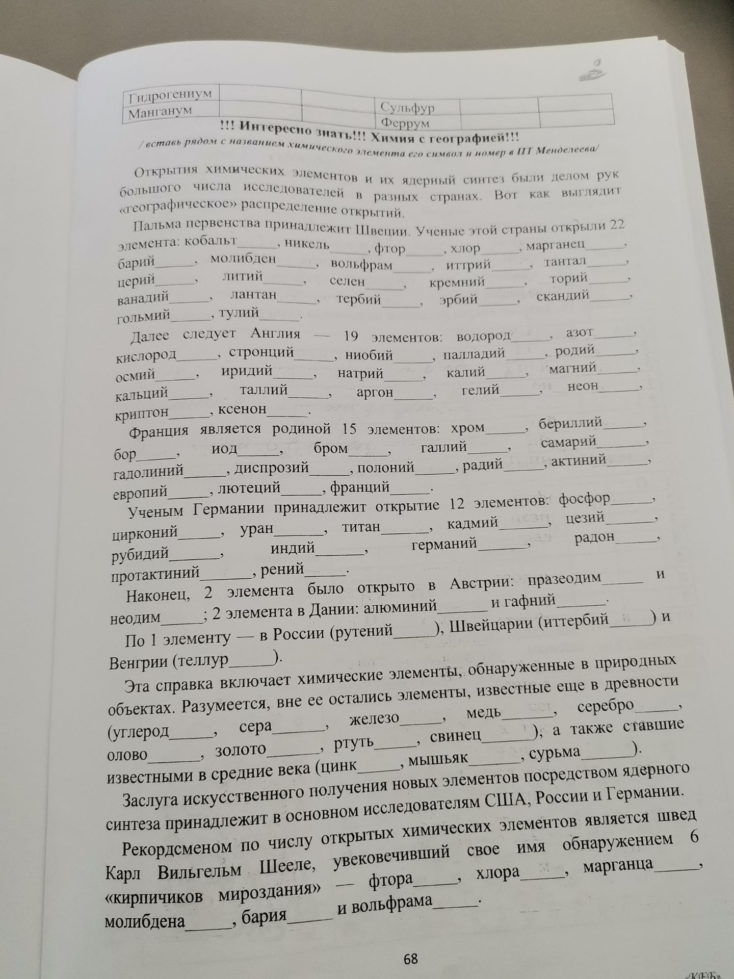 Фото задания: Вставь рядом с названием химического элемента его символ и номер в ПТ Менделеева. Заполни таблицу и справку об открытиях…