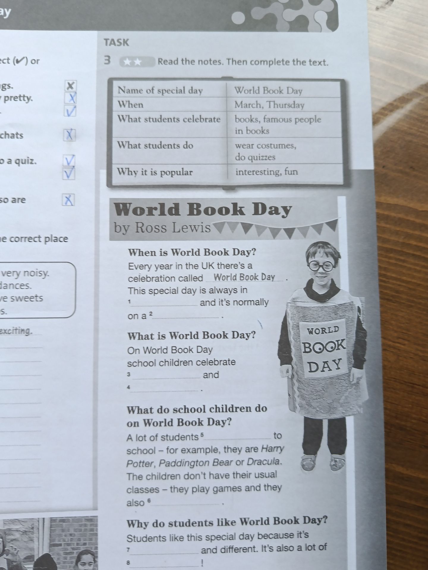 Фото задания: Task 3. Read the notes. Then complete the text. Notes: Name of special day — World Book Day; when — March, Thursday; what…