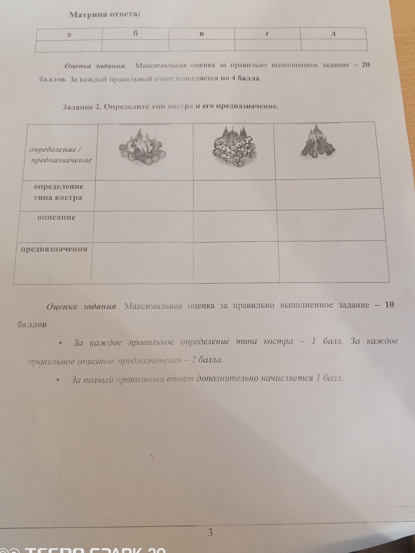 Фото задания: Задание 2. Определите тип костра и его предназначение. Заполните таблицу: определение типа костра, описание, предназначение.