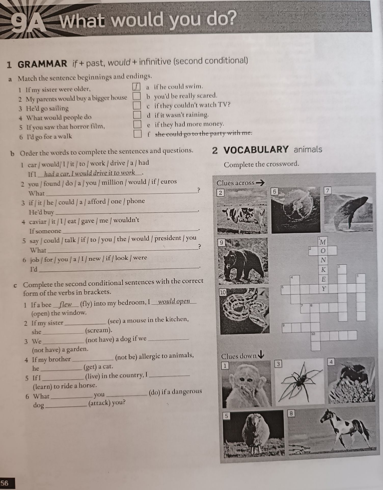 Фото задания: 1c Complete the second conditional sentences with the correct form of the verbs in brackets. 1 If a bee flew (fly) into my…