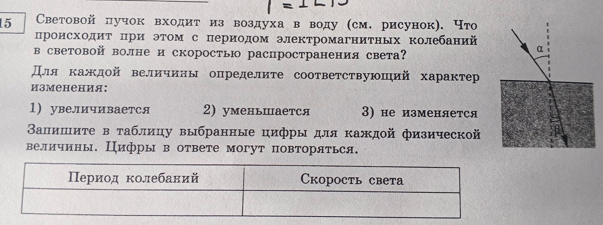 Фото задания: 15. Световой пучок входит из воздуха в воду (см. рисунок). Что происходит при этом с периодом электромагнитных колебаний в…