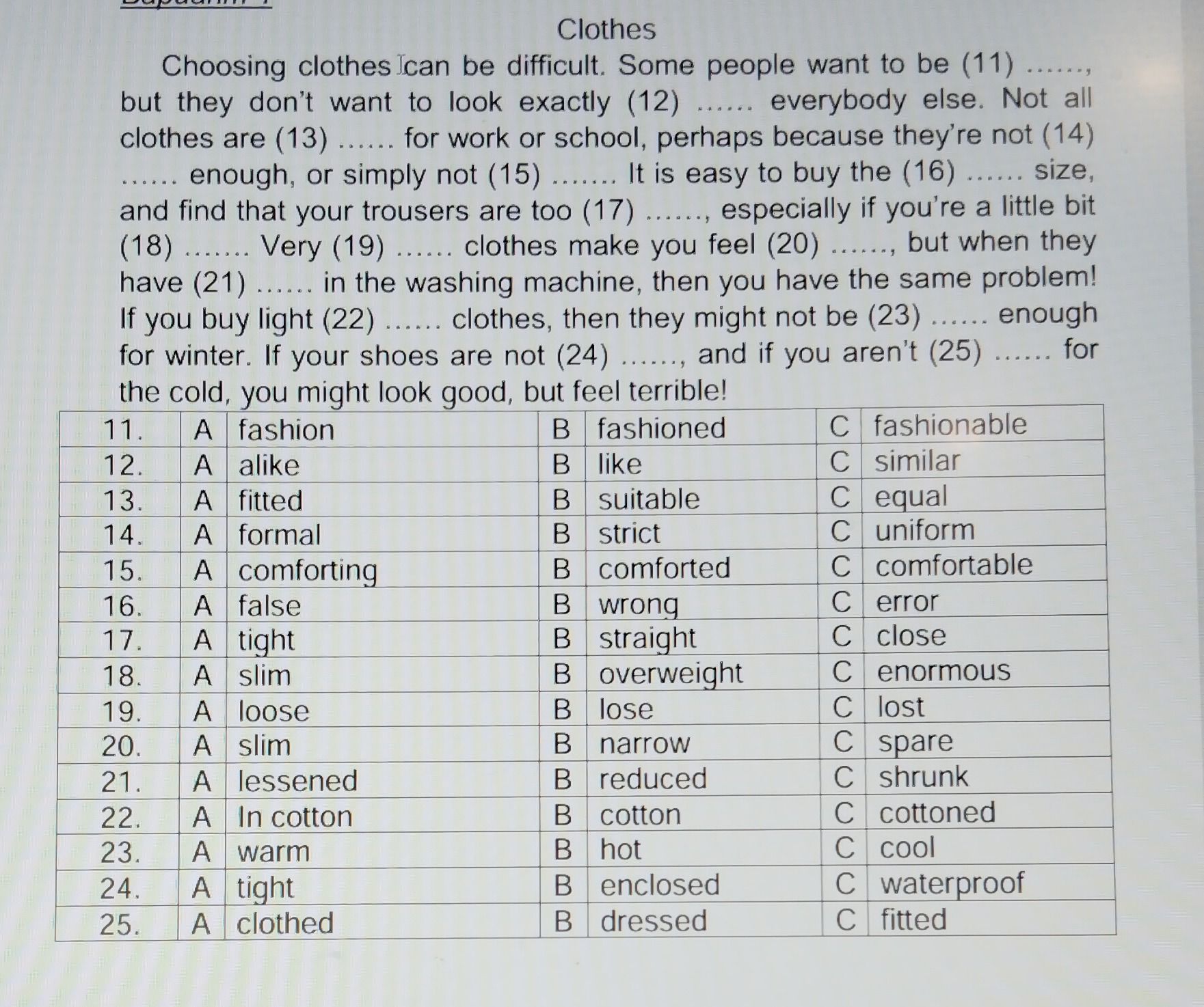 Фото задания: Clothes. Choose the correct word for each gap (11–25). Choosing clothes can be difficult. Some people want to be (11) …,…
