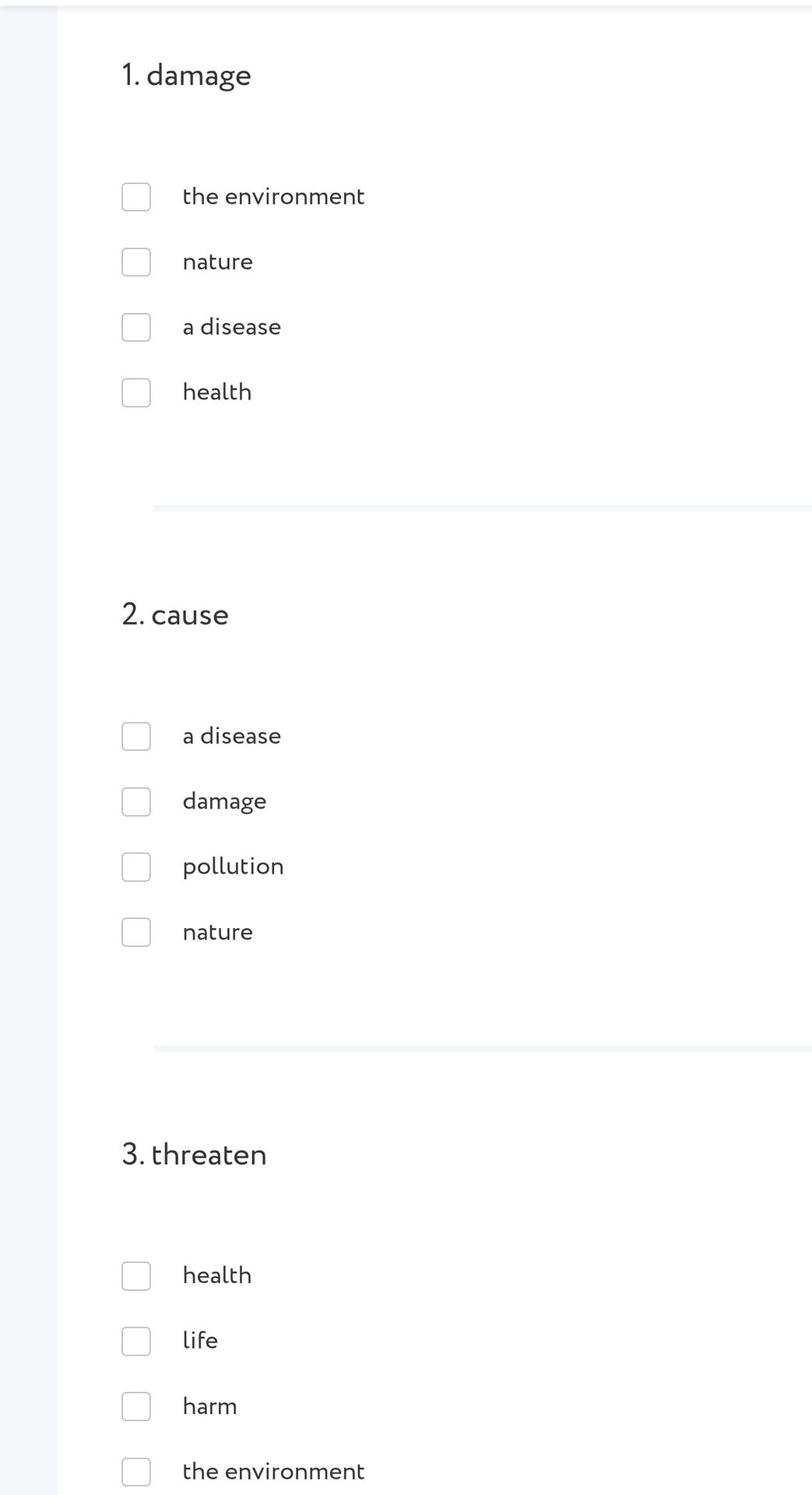 Фото задания: 3. threaten — выберите подходящее слово: health; life; harm; the environment.
