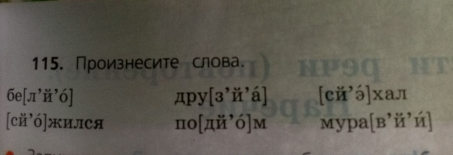 Фото задания: 115. Произнесите слова: бе[л’й’о], дру[з’й’а], [сй’э]хал, [сй’о]жился, по[дй’о]м, мура[в’й’и].