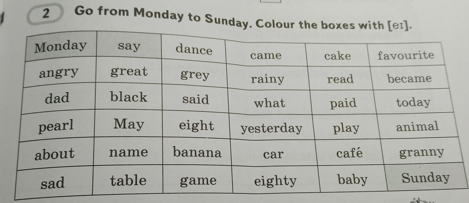 Фото задания: 2. Go from Monday to Sunday. Colour the boxes with [eɪ].