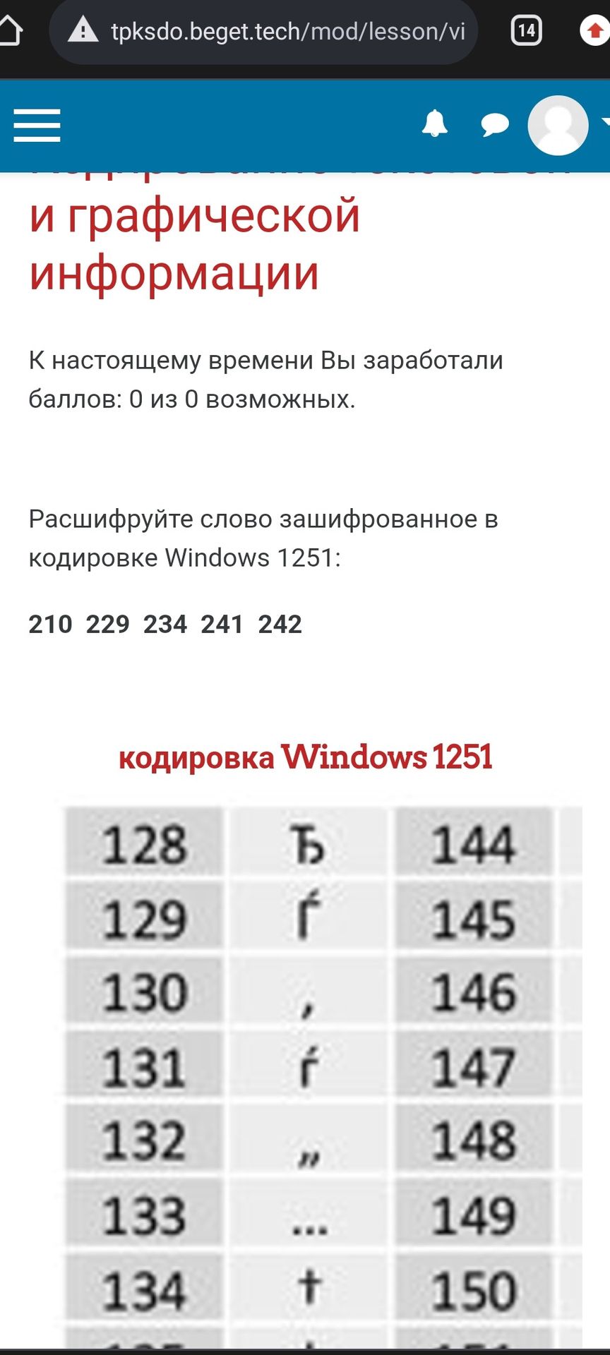 Фото задания: Расшифруйте слово, зашифрованное в кодировке Windows 1251: 210 229 234 241 242