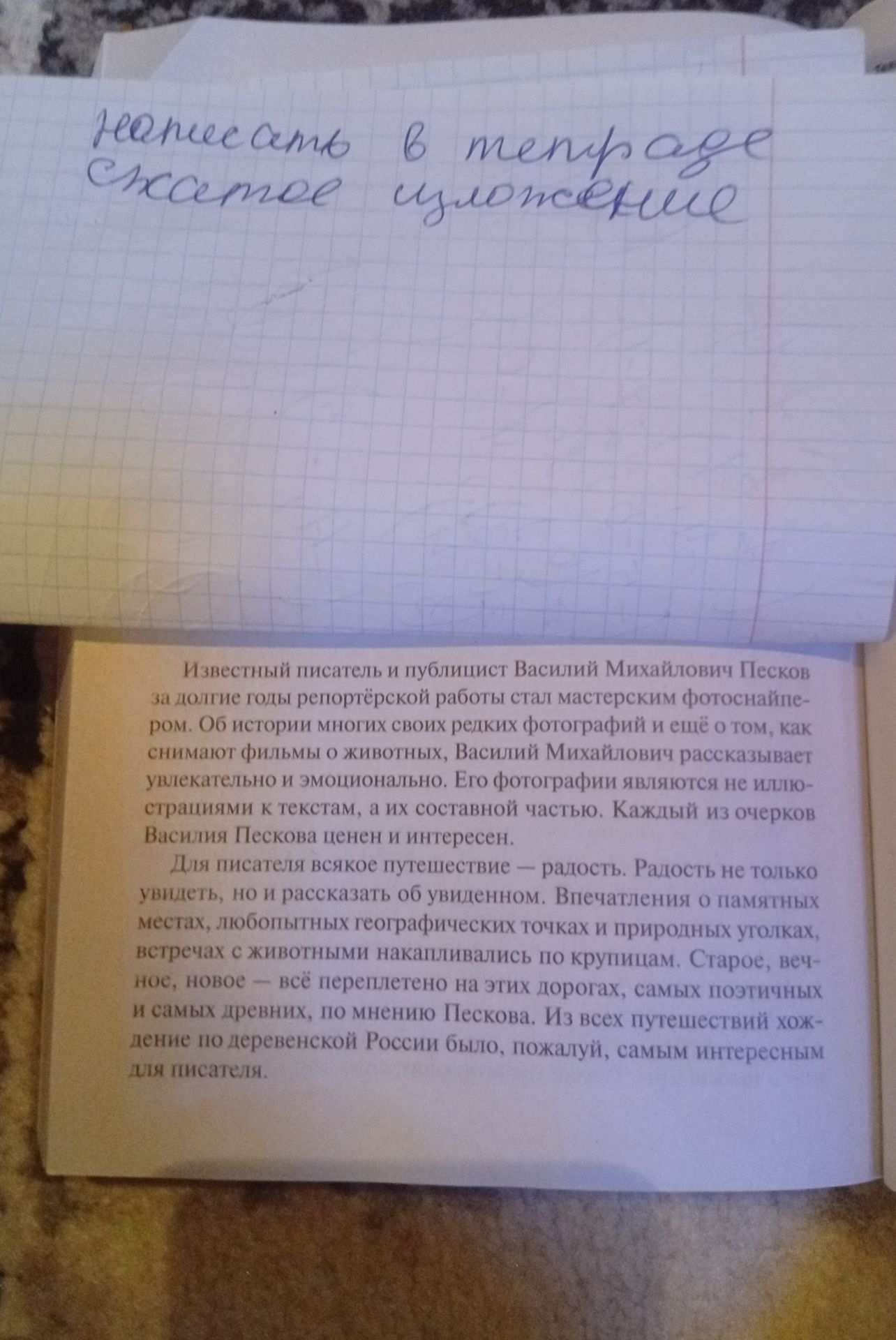 Фото задания: [Рукописная запись неразборчива полностью; вероятно: «Написать в тетради эссе-сочинение». Текст о Василии Михайловиче…