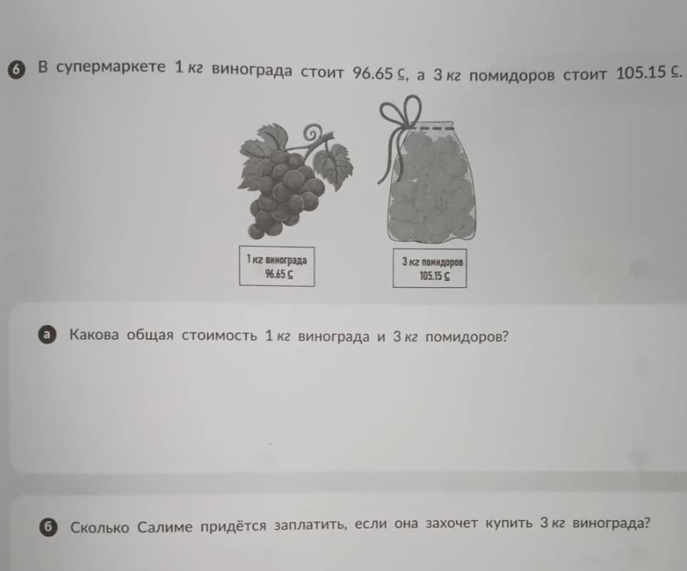 Фото задания: 6. В супермаркете 1 кг винограда стоит 96.65 ₡, а 3 кг помидоров стоят 105.15 ₡. а) Какова общая стоимость 1 кг винограда и 3…