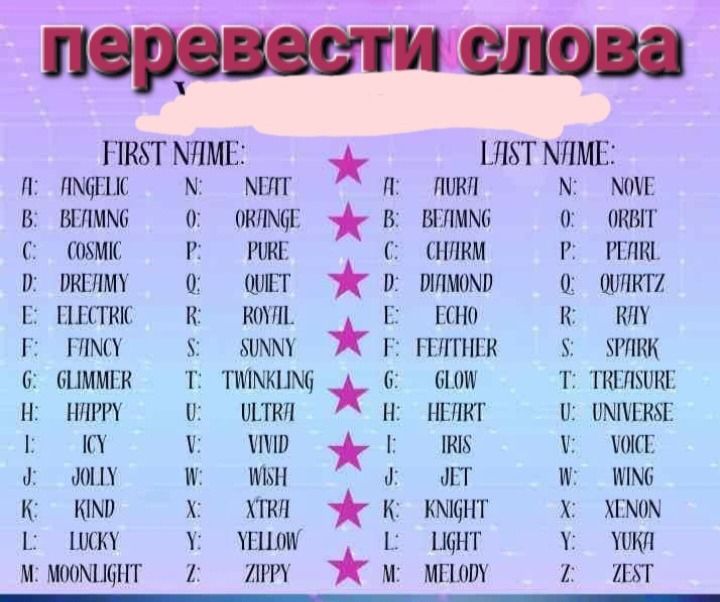 Фото задания: Перевести слова: FIRST NAME — A: ANGELIC, B: BEAMING, C: COSMIC, D: DREAMY, E: ELECTRIC, F: FANCY, G: GLIMMER, H: HAPPY, I:…