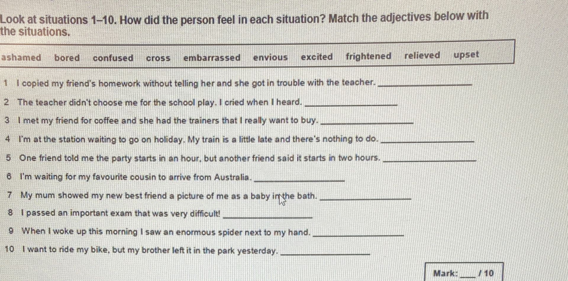 Фото задания: Look at situations 1–10. How did the person feel in each situation? Match the adjectives below with the situations:…