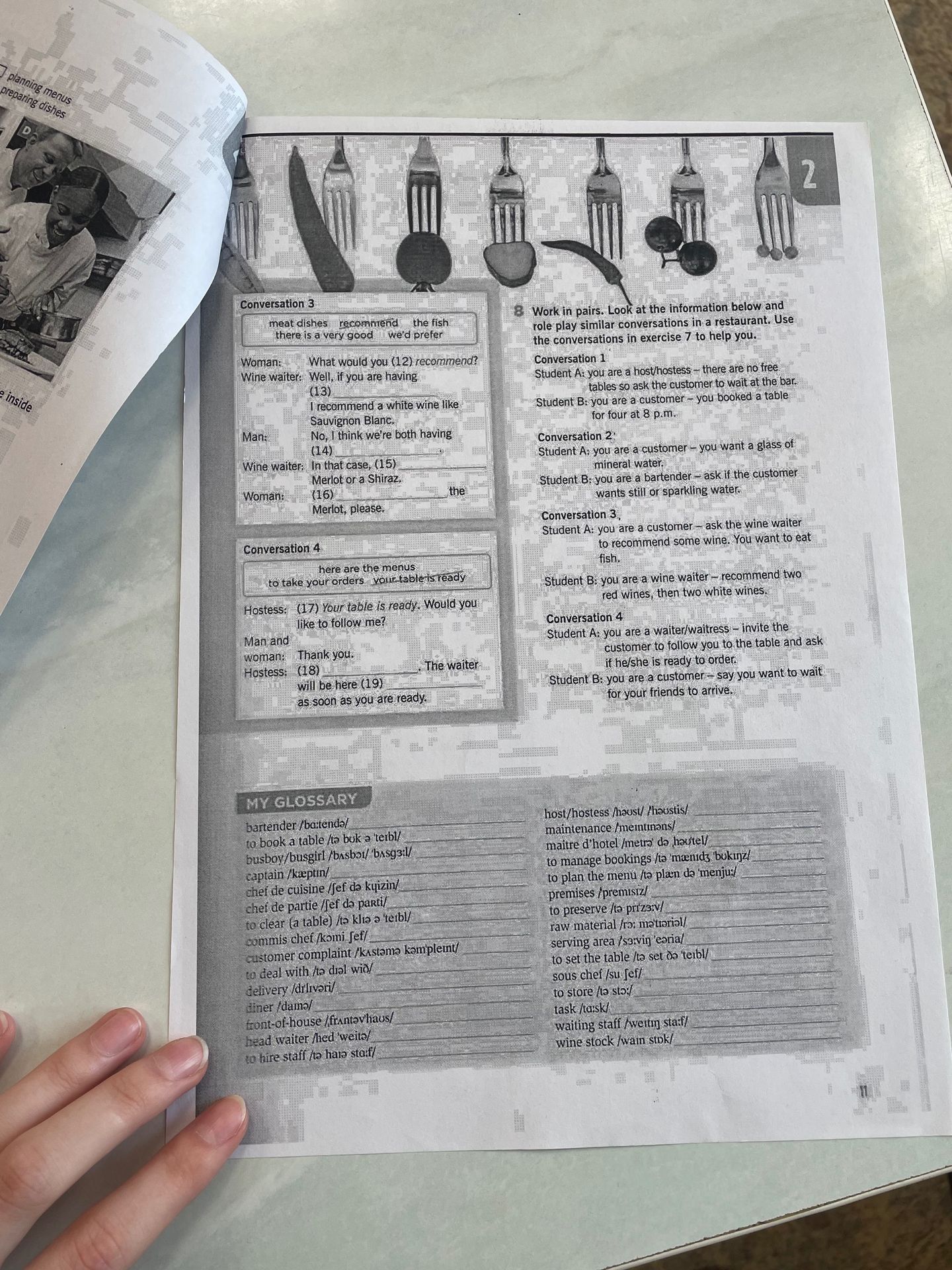 Фото задания: 8. Work in pairs. Look at the information below and role play similar conversations in a restaurant. Use the conversations in…